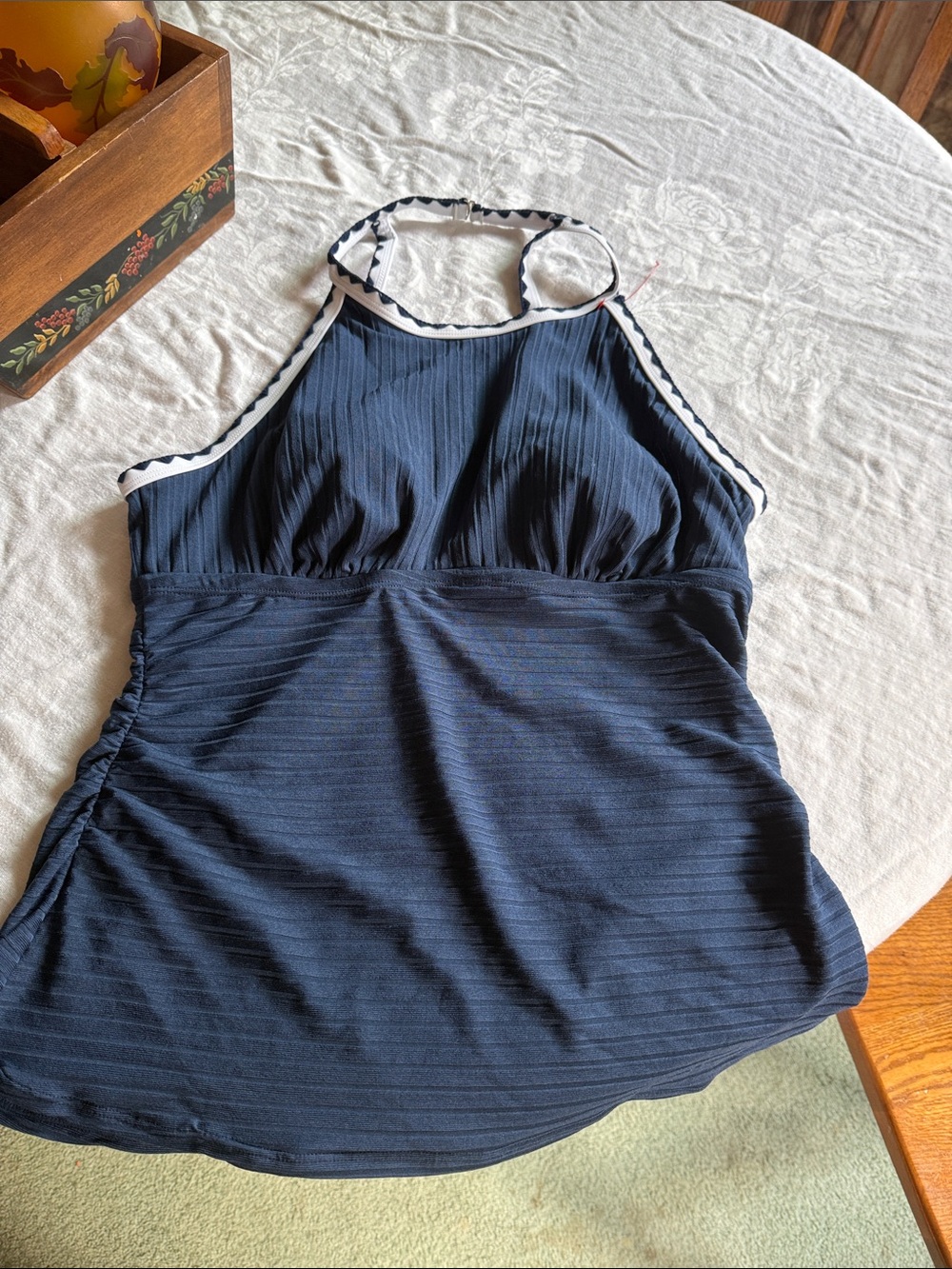 Navy Halter Swim Top with White Trim size large like new